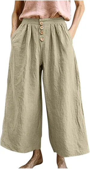 HGps8w Women's Cotton Linen Cropped Palazzo Pants Trendy Wide Leg Summer Loose High Waisted Lounge Trousers with Pockets