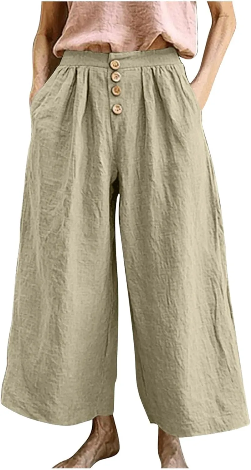 HGps8w Women's Cotton Linen Cropped Palazzo Pants Trendy Wide Leg Summer Loose High Waisted Lounge Trousers with Pockets