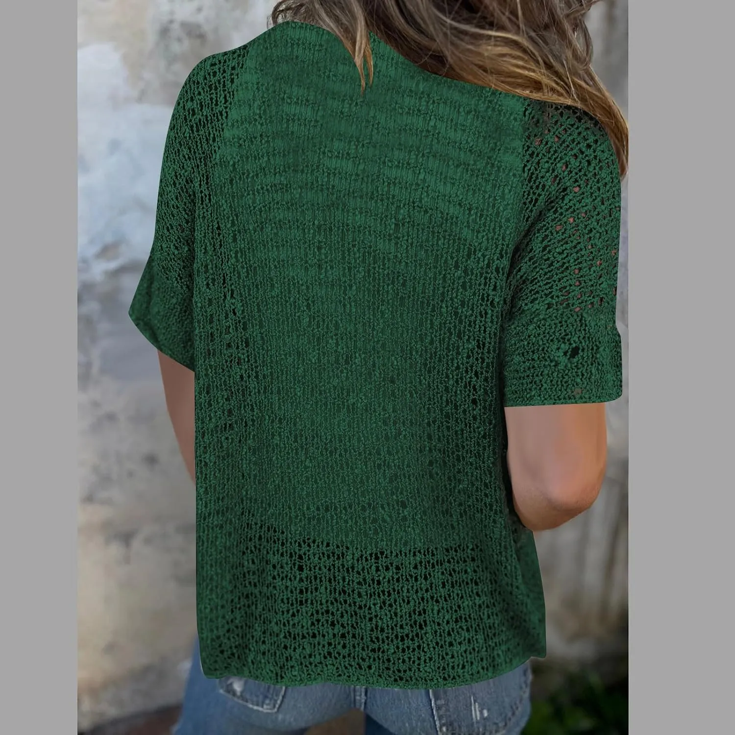 HGps8w Women's Knit Hollow Cardigans Casual 2025 Summer Thin Short Sleeve Sun Shirts Lightweight Loose Solid Cover Ups Tops
