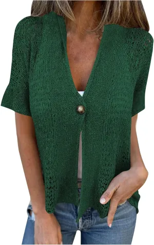 HGps8w Women's Knit Hollow Cardigans Casual 2025 Summer Thin Short Sleeve Sun Shirts Lightweight Loose Solid Cover Ups Tops