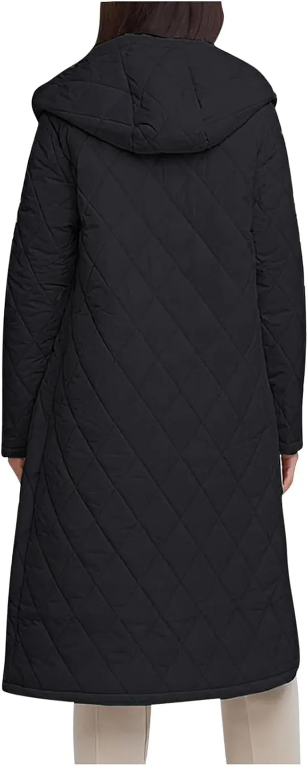HGps8w Women's Mid-Long Quilted Wrap Coat Hooded Long Sleeve Puffer Jacket Winter Warm Padded Down Coats Elegant Outerwear