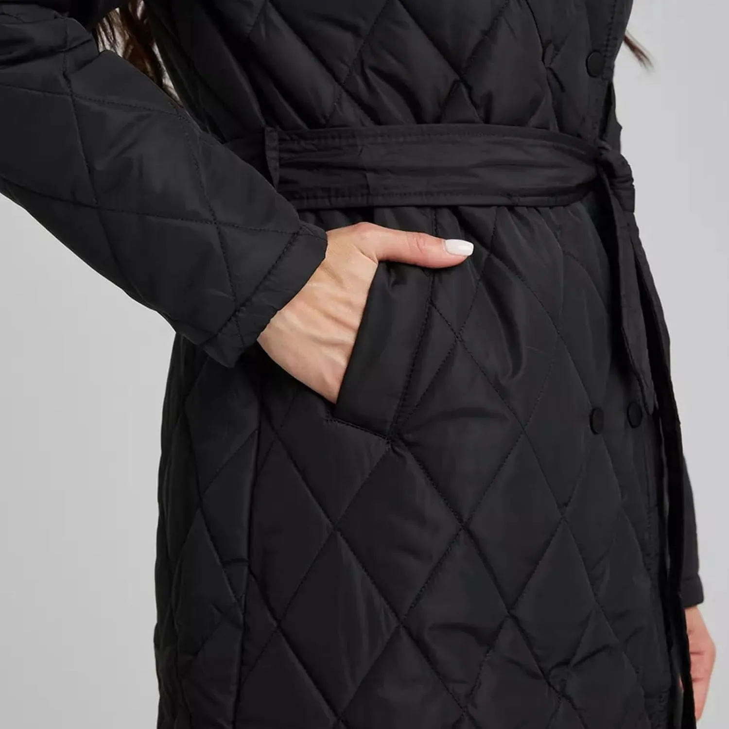 HGps8w Women's Mid-Long Quilted Wrap Coat Hooded Long Sleeve Puffer Jacket Winter Warm Padded Down Coats Elegant Outerwear