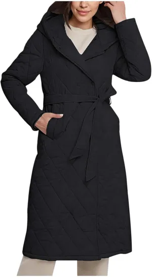 HGps8w Women's Mid-Long Quilted Wrap Coat Hooded Long Sleeve Puffer Jacket Winter Warm Padded Down Coats Elegant Outerwear