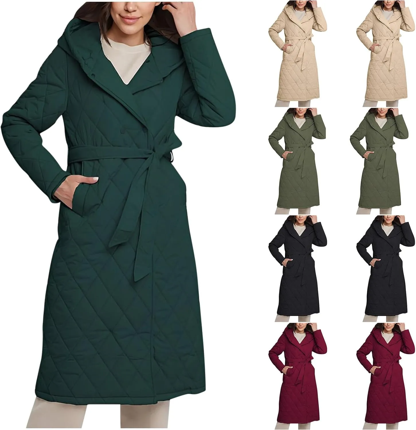 HGps8w Women's Mid-Long Quilted Wrap Coat Hooded Long Sleeve Puffer Jacket Winter Warm Padded Down Coats Elegant Outerwear