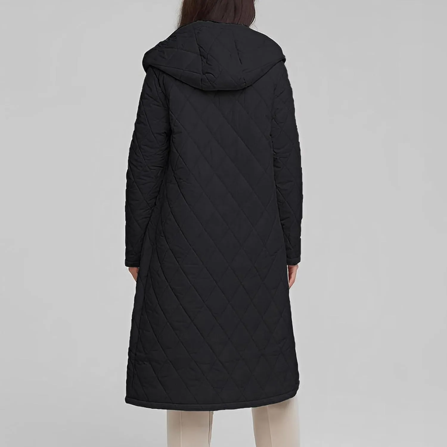 HGps8w Women's Mid-Long Quilted Wrap Coat Hooded Long Sleeve Puffer Jacket Winter Warm Padded Down Coats Elegant Outerwear