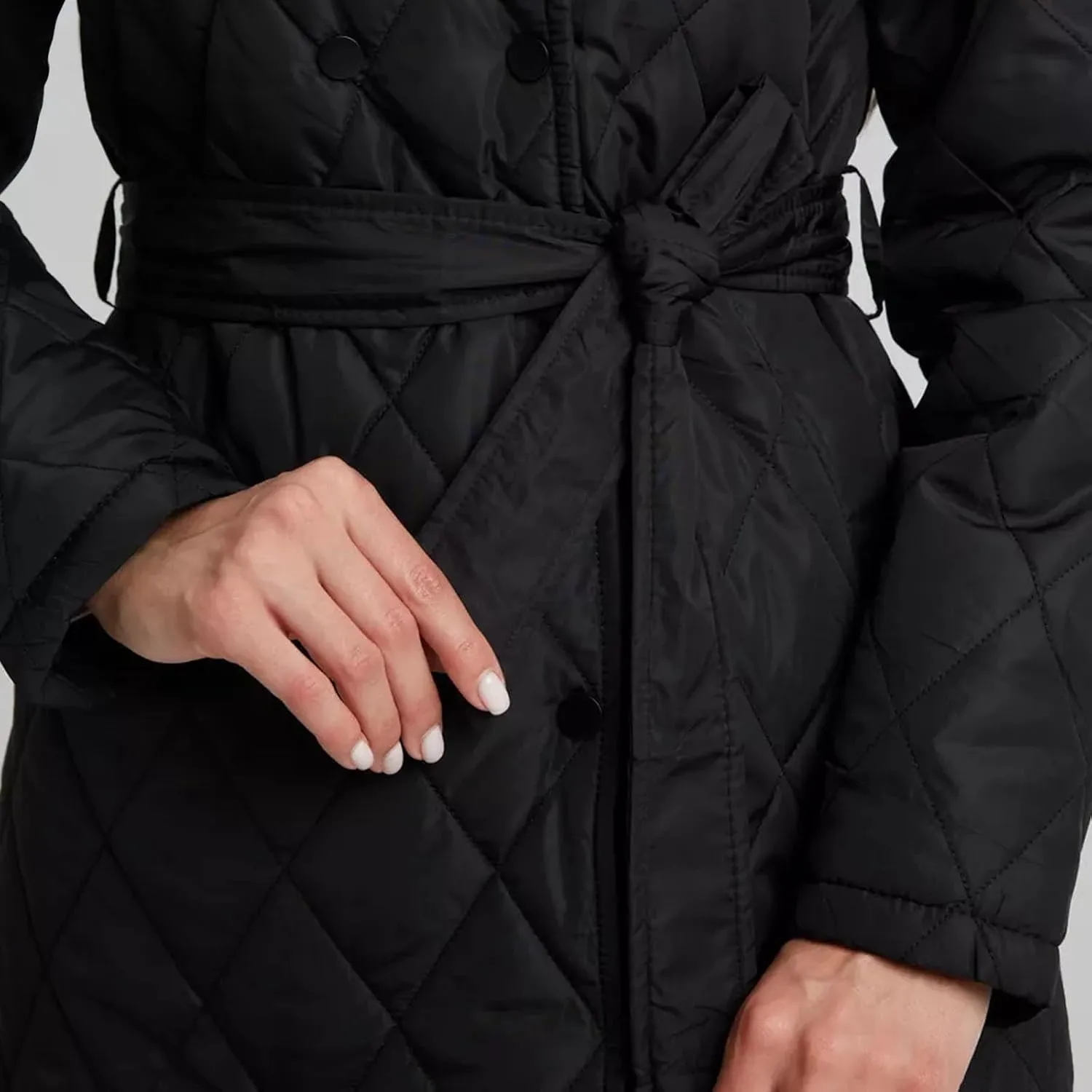 HGps8w Women's Mid-Long Quilted Wrap Coat Hooded Long Sleeve Puffer Jacket Winter Warm Padded Down Coats Elegant Outerwear