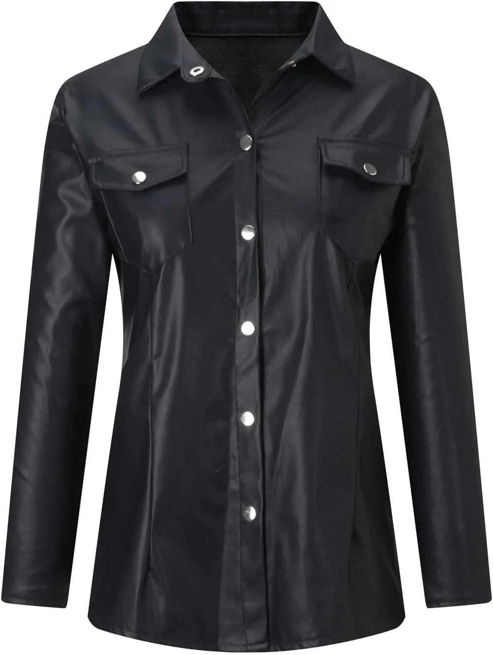 HGps8w Womens Sexy PU Faux Leather Button Down Shirts Slim Fitted Long Sleeve V Neck Blouses Tops with Pocket