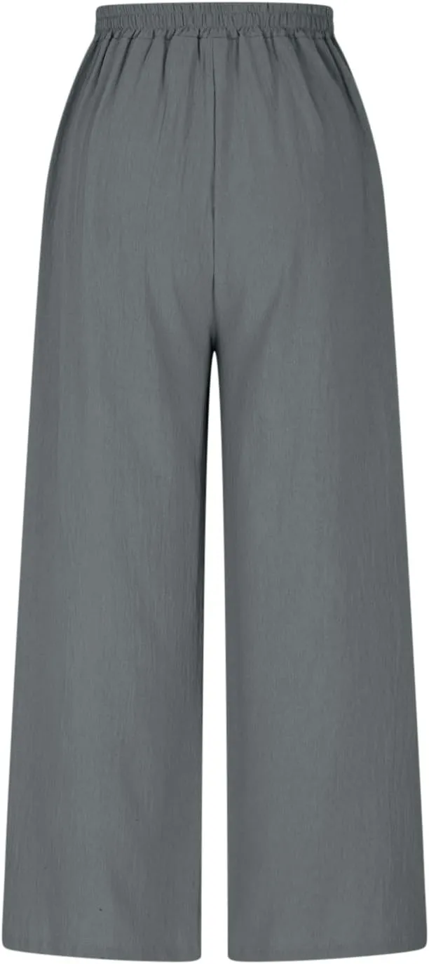 HGps8w Women's Summer Cotton Linen Loose Cropped Palazzo Pants Trendy Wide Leg High Waisted Lounge Trousers with Pockets