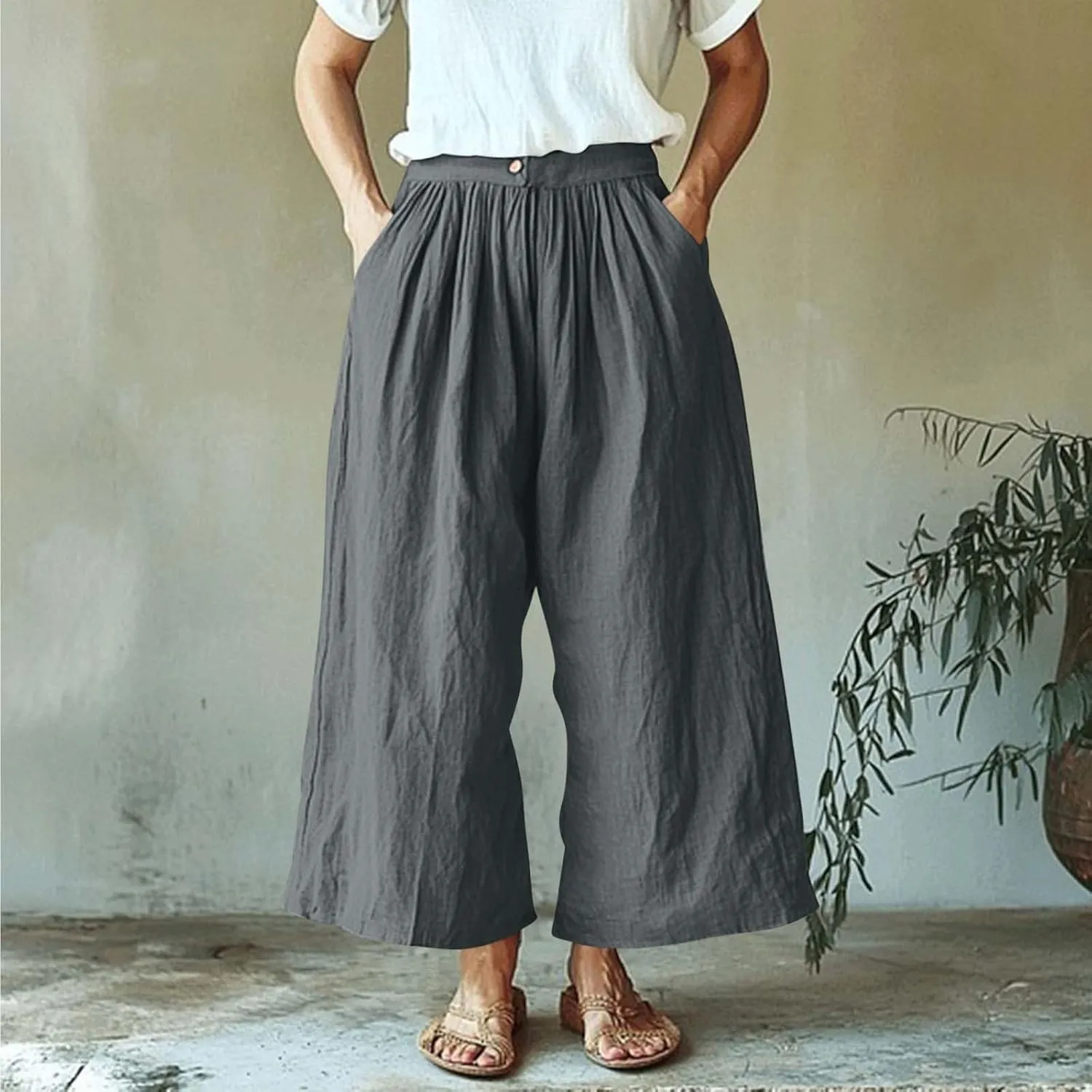 HGps8w Women's Summer Cotton Linen Loose Cropped Palazzo Pants Trendy Wide Leg High Waisted Lounge Trousers with Pockets