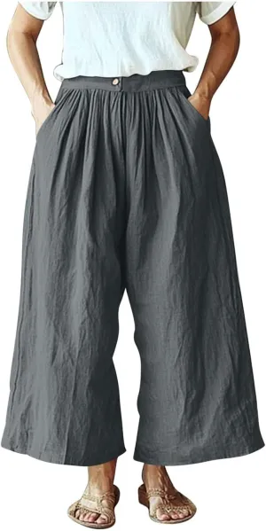 HGps8w Women's Summer Cotton Linen Loose Cropped Palazzo Pants Trendy Wide Leg High Waisted Lounge Trousers with Pockets