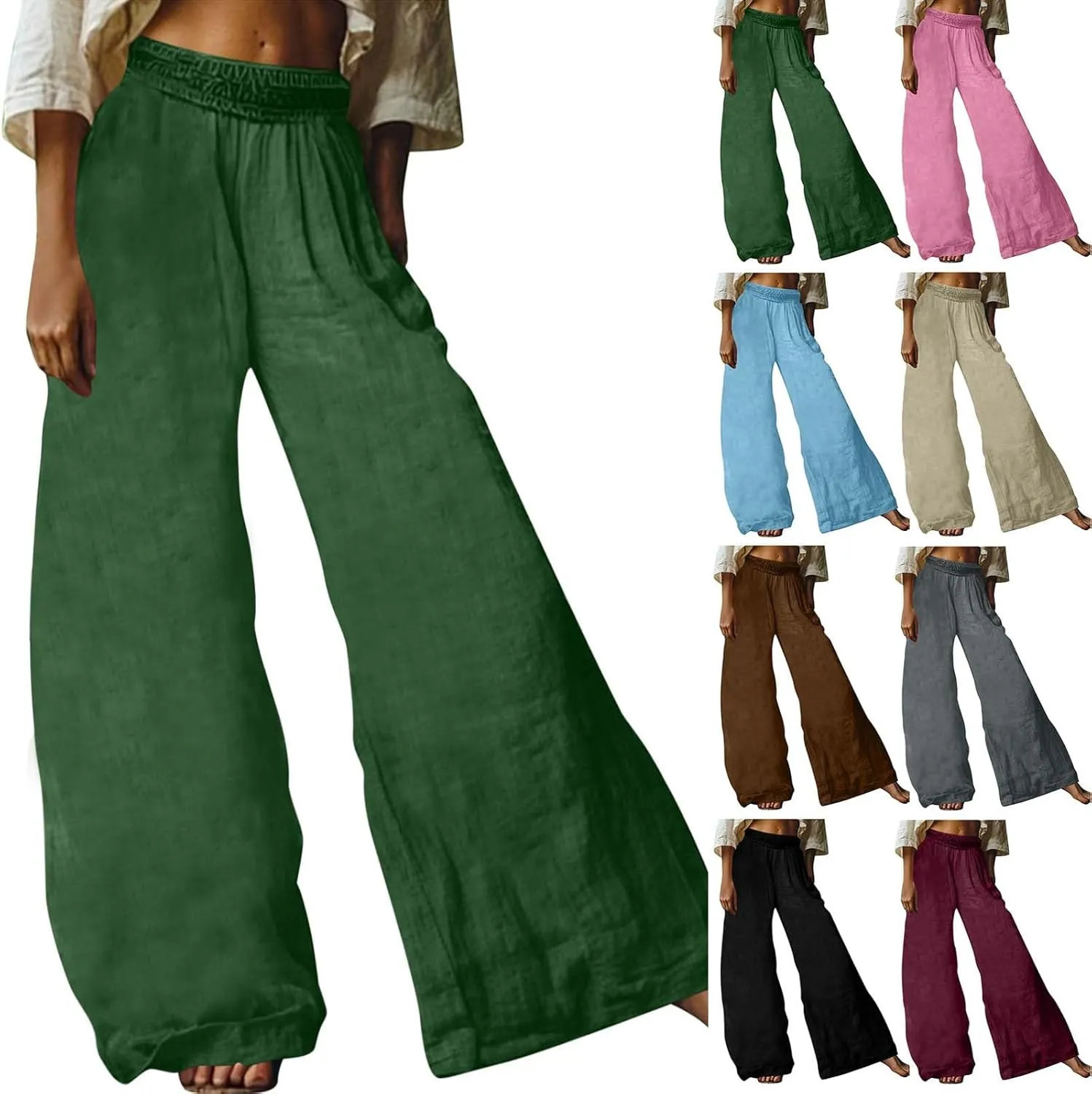 HGps8w Women's Summer Cotton Linen Loose Palazzo Pants Boho Trendy Wide Leg High Waisted Lounge Trousers with Pockets