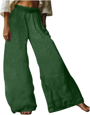 HGps8w Women's Summer Cotton Linen Loose Palazzo Pants Boho Trendy Wide Leg High Waisted Lounge Trousers with Pockets
