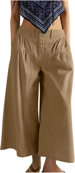 HGps8w Women's Summer Loose Linen Wide Leg Palazzo Pants Trendy Pleated High Waisted Lounge Beach Trousers with Pockets