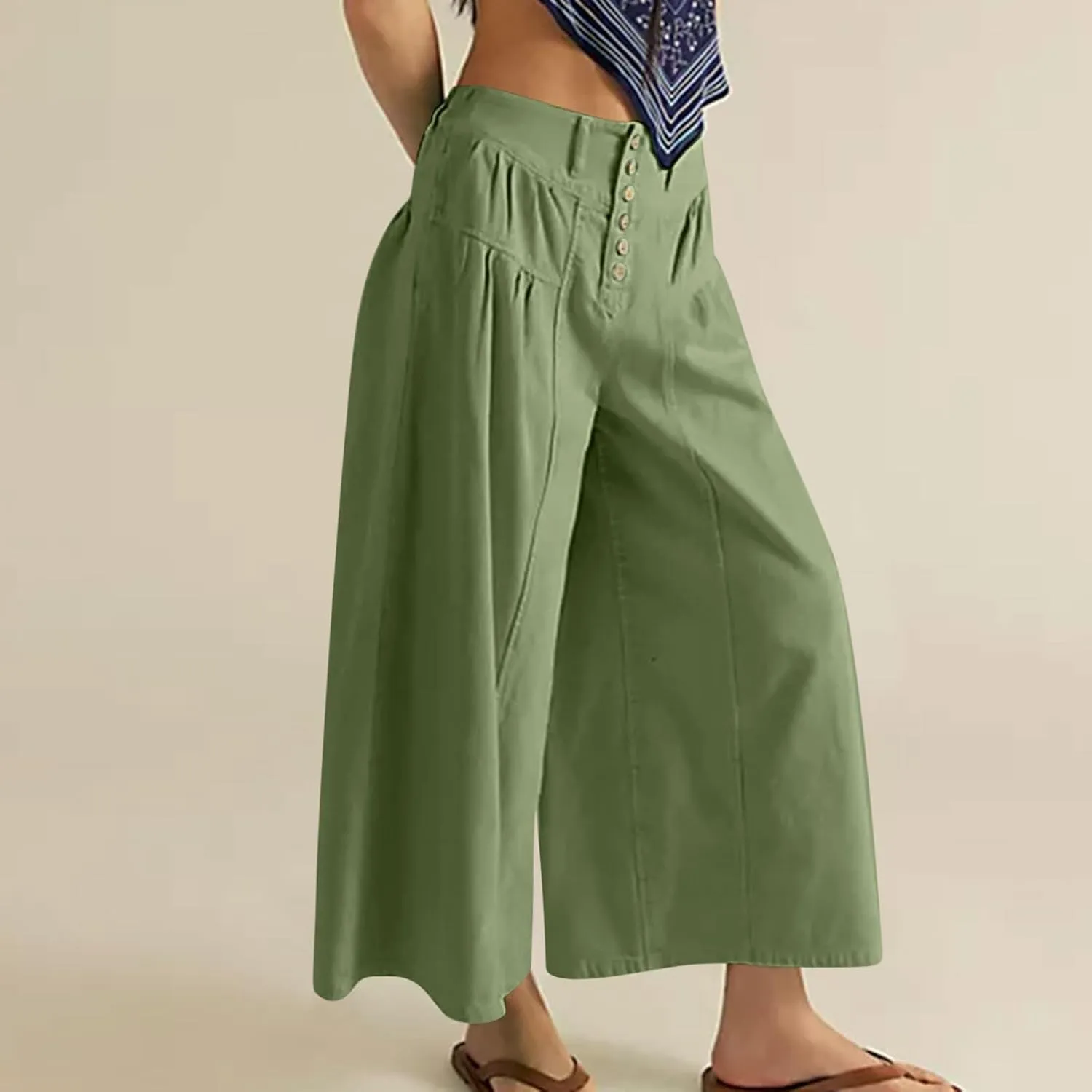 HGps8w Women's Summer Loose Linen Wide Leg Palazzo Pants Trendy Pleated High Waisted Lounge Beach Trousers with Pockets