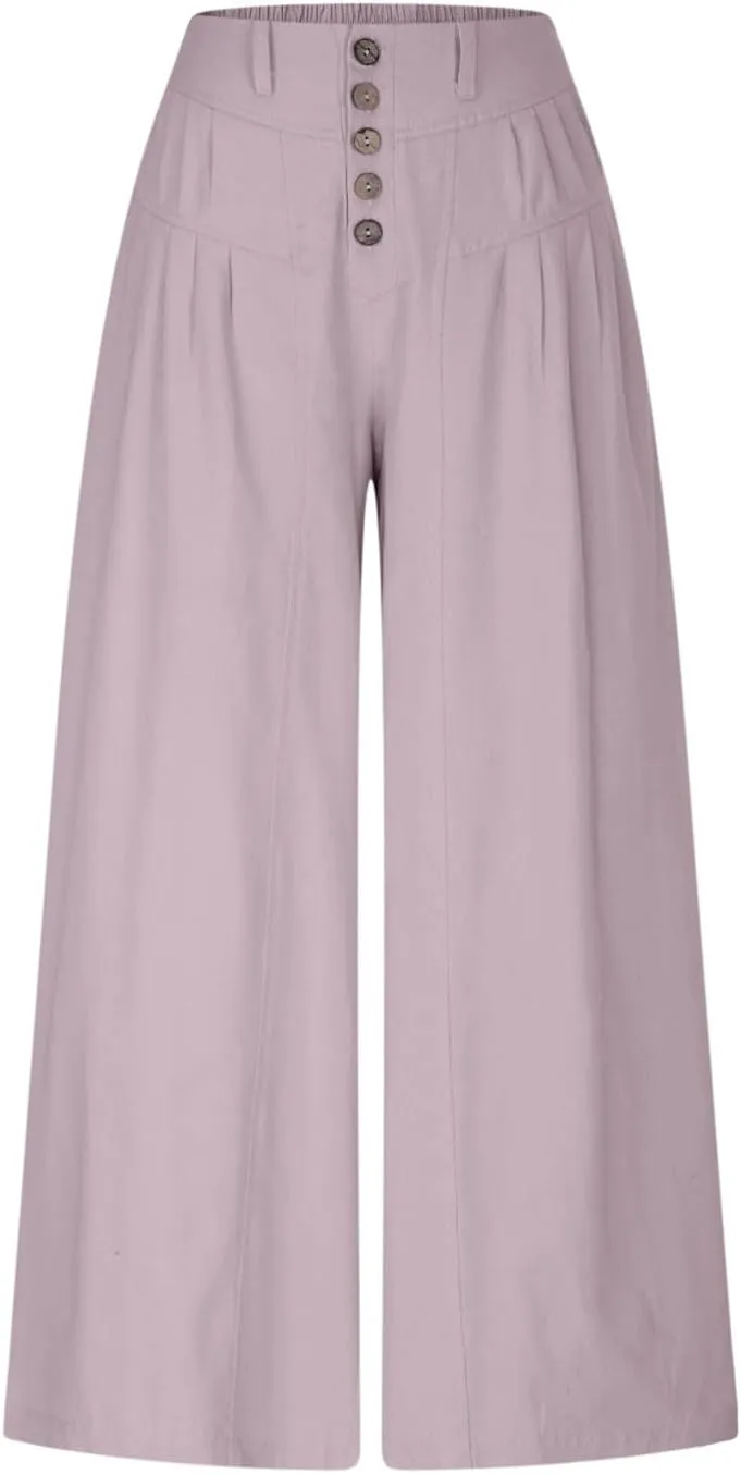 HGps8w Women's Summer Loose Linen Wide Leg Palazzo Pants Trendy Pleated High Waisted Lounge Beach Trousers with Pockets