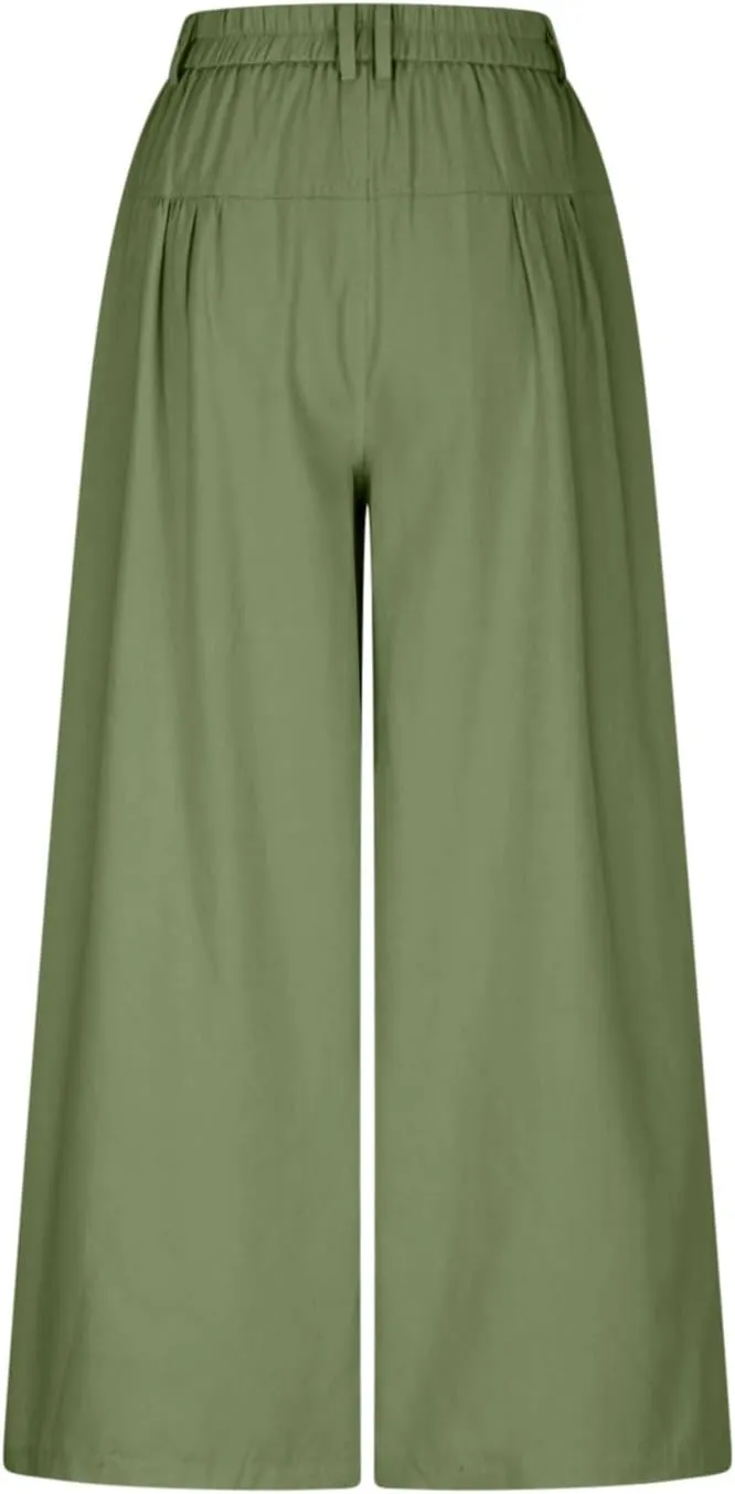HGps8w Women's Summer Loose Linen Wide Leg Palazzo Pants Trendy Pleated High Waisted Lounge Beach Trousers with Pockets