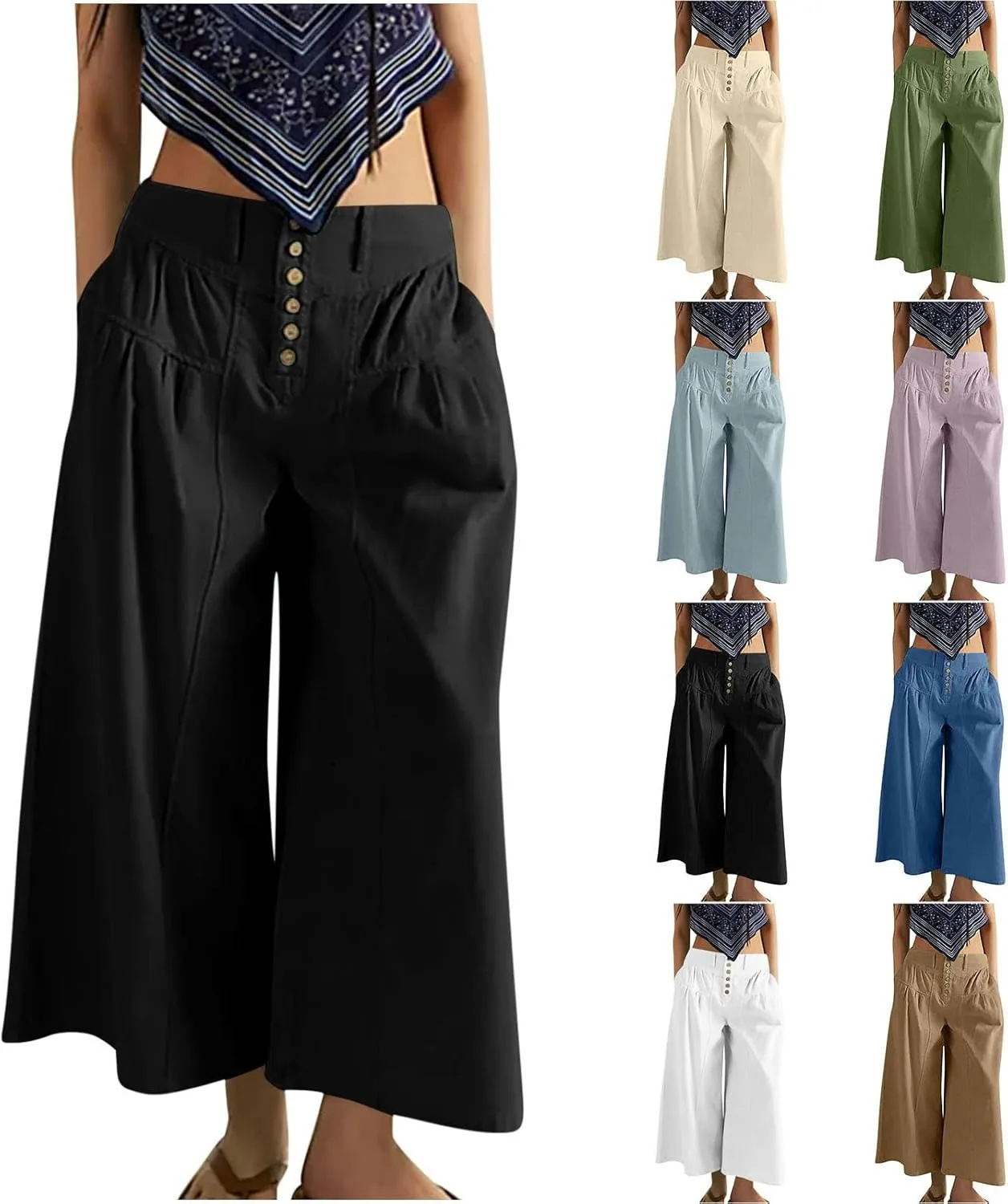 HGps8w Women's Summer Loose Linen Wide Leg Palazzo Pants Trendy Pleated High Waisted Lounge Beach Trousers with Pockets