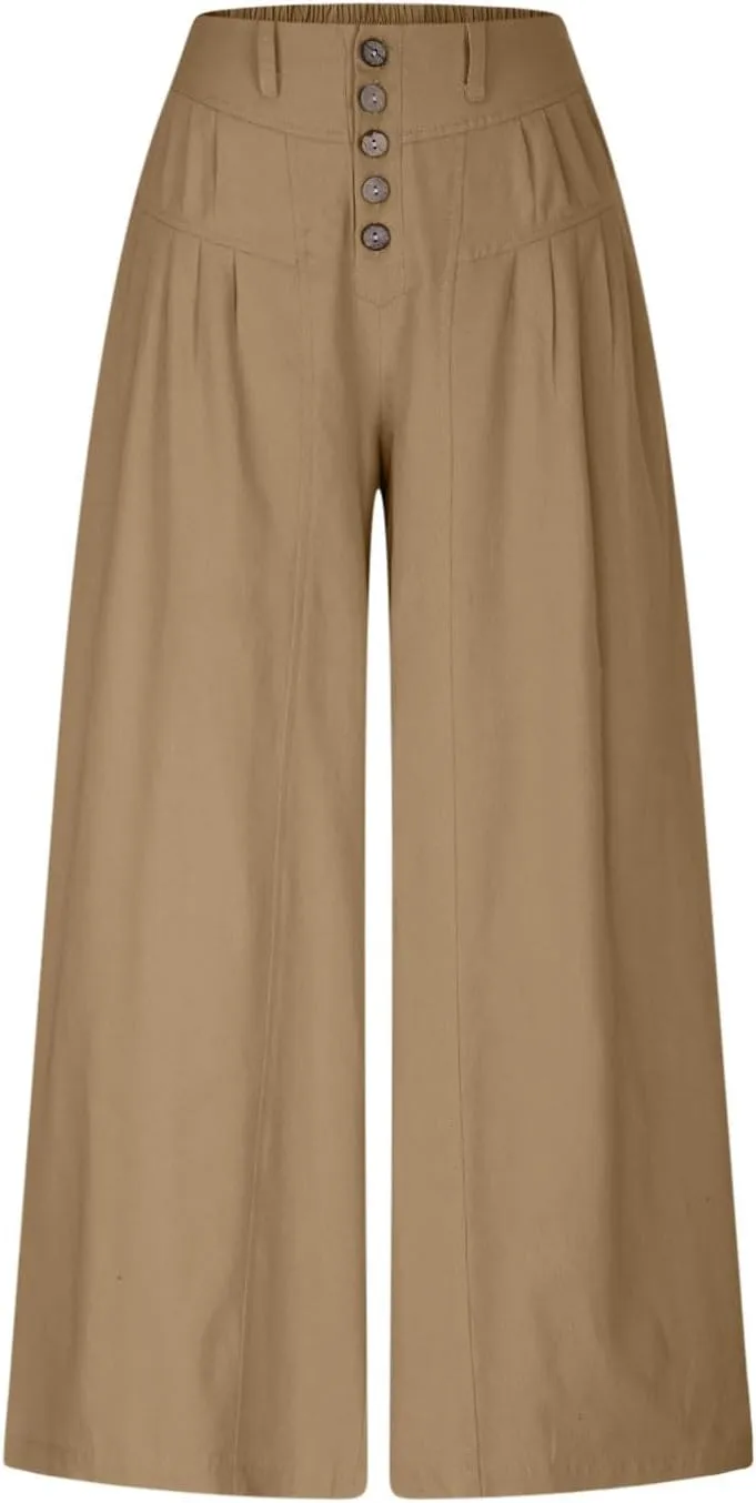 HGps8w Women's Summer Loose Linen Wide Leg Palazzo Pants Trendy Pleated High Waisted Lounge Beach Trousers with Pockets