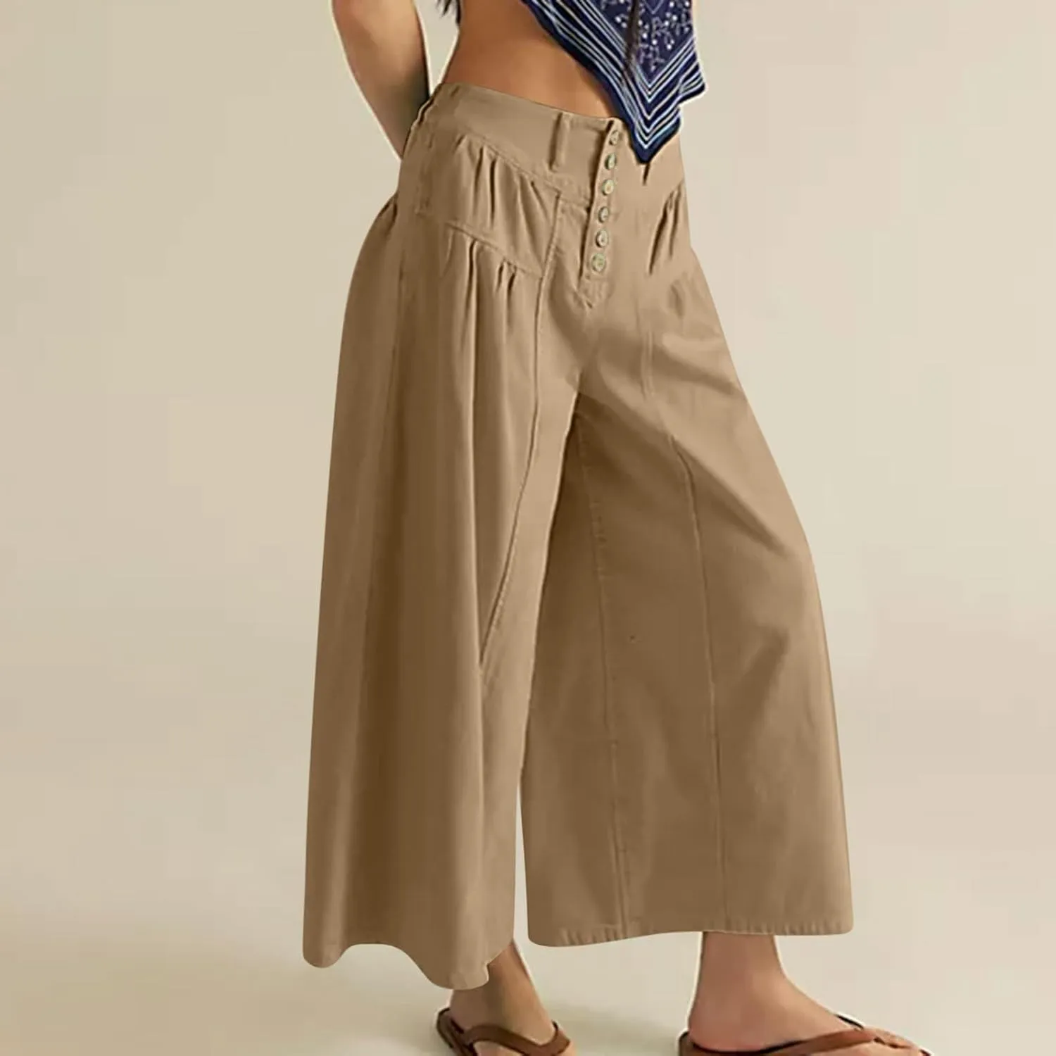 HGps8w Women's Summer Loose Linen Wide Leg Palazzo Pants Trendy Pleated High Waisted Lounge Beach Trousers with Pockets
