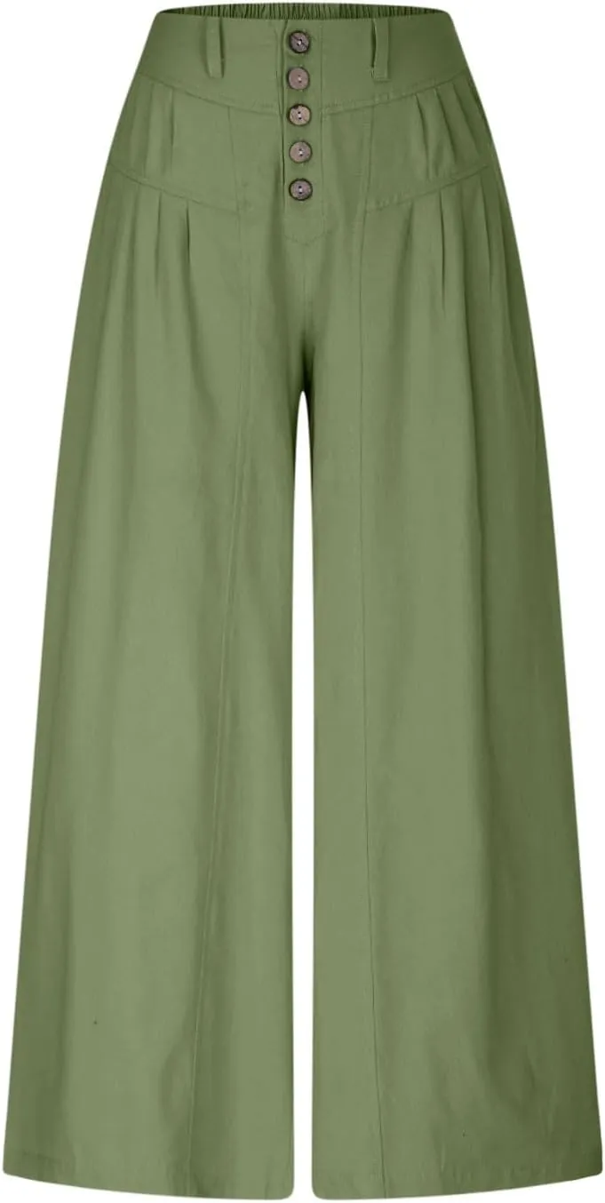 HGps8w Women's Summer Loose Linen Wide Leg Palazzo Pants Trendy Pleated High Waisted Lounge Beach Trousers with Pockets