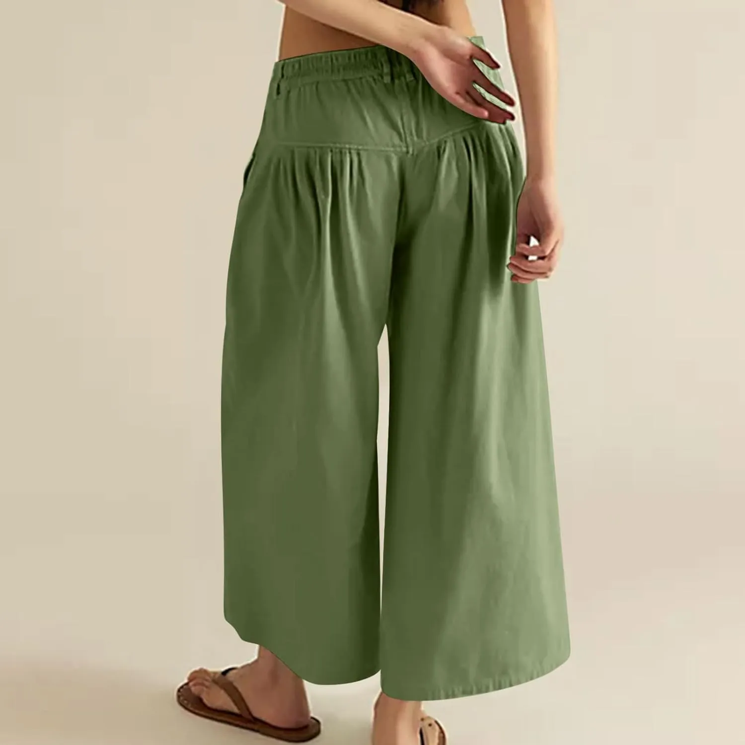HGps8w Women's Summer Loose Linen Wide Leg Palazzo Pants Trendy Pleated High Waisted Lounge Beach Trousers with Pockets