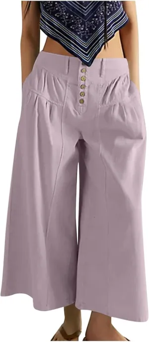 HGps8w Women's Summer Loose Linen Wide Leg Palazzo Pants Trendy Pleated High Waisted Lounge Beach Trousers with Pockets