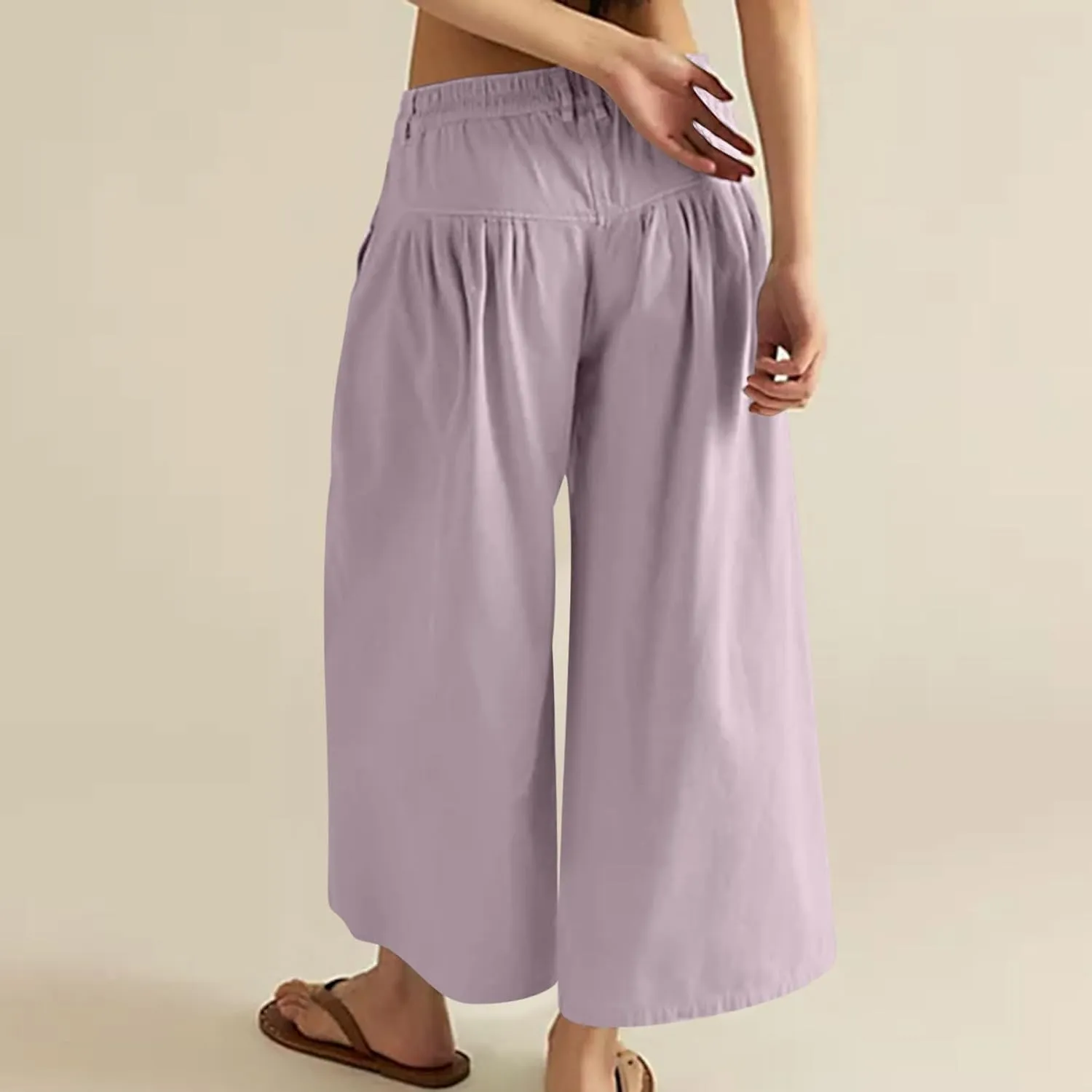 HGps8w Women's Summer Loose Linen Wide Leg Palazzo Pants Trendy Pleated High Waisted Lounge Beach Trousers with Pockets