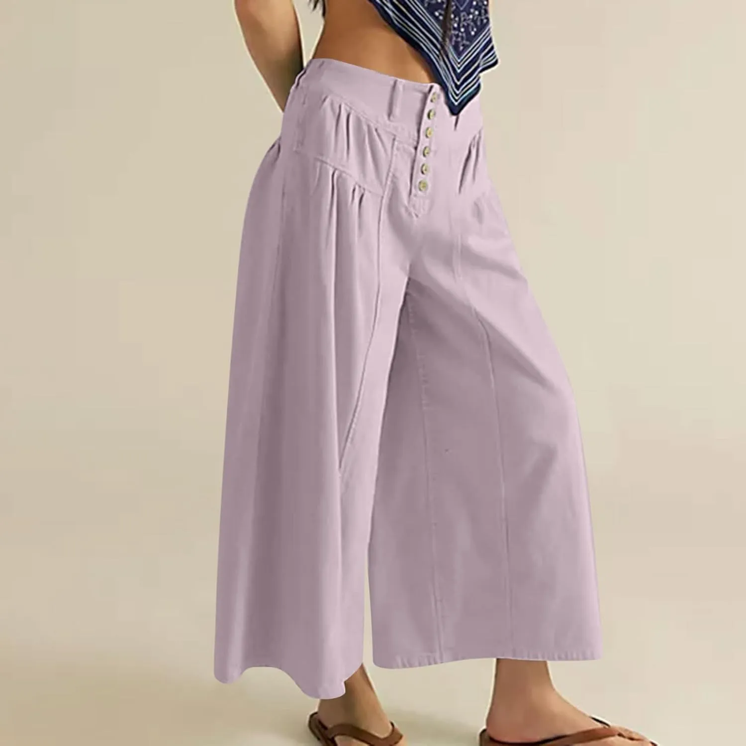 HGps8w Women's Summer Loose Linen Wide Leg Palazzo Pants Trendy Pleated High Waisted Lounge Beach Trousers with Pockets