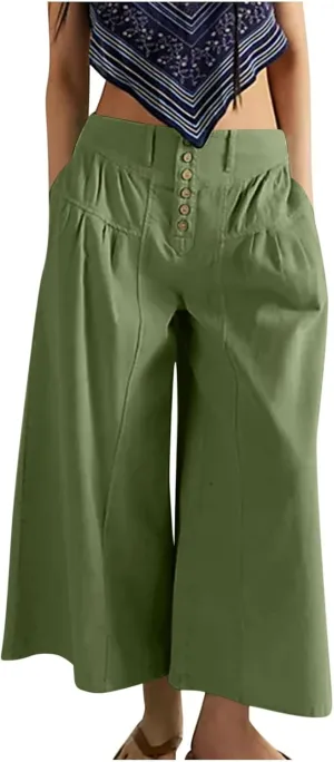 HGps8w Women's Summer Loose Linen Wide Leg Palazzo Pants Trendy Pleated High Waisted Lounge Beach Trousers with Pockets