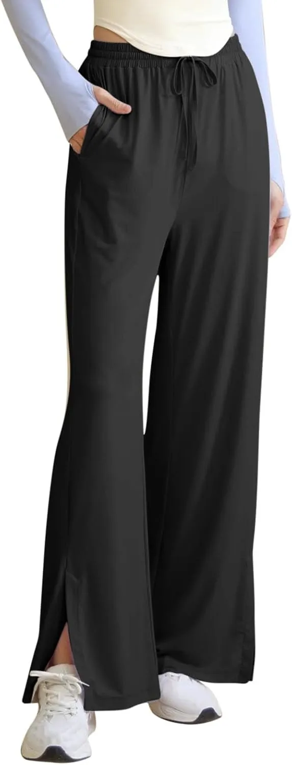 HGps8w Women's Summer Thin Split Front Palazzo Pants Wide Leg Elastic High Waisted Loose Lounge Trousers with Pockets