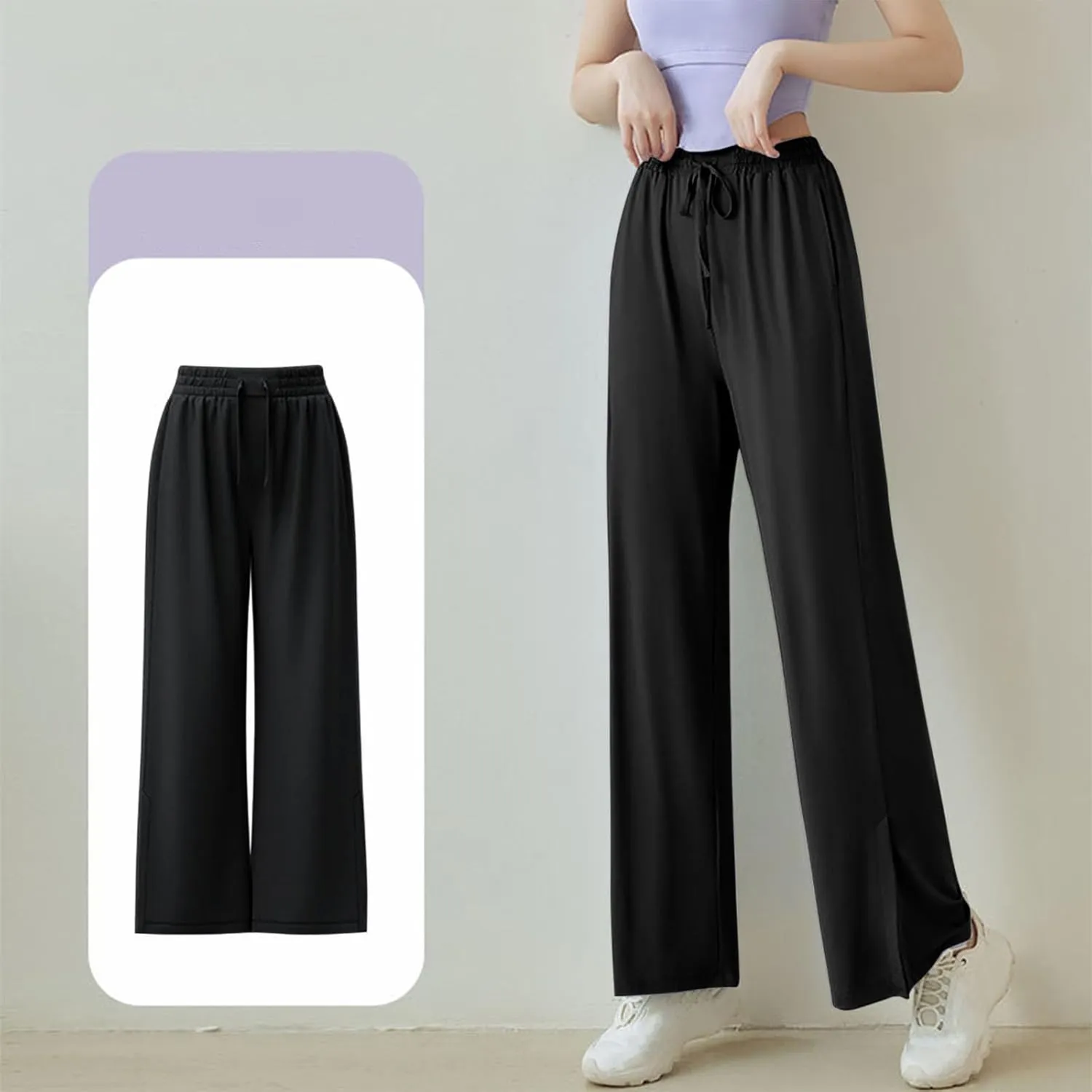 HGps8w Women's Summer Thin Split Front Palazzo Pants Wide Leg Elastic High Waisted Loose Lounge Trousers with Pockets