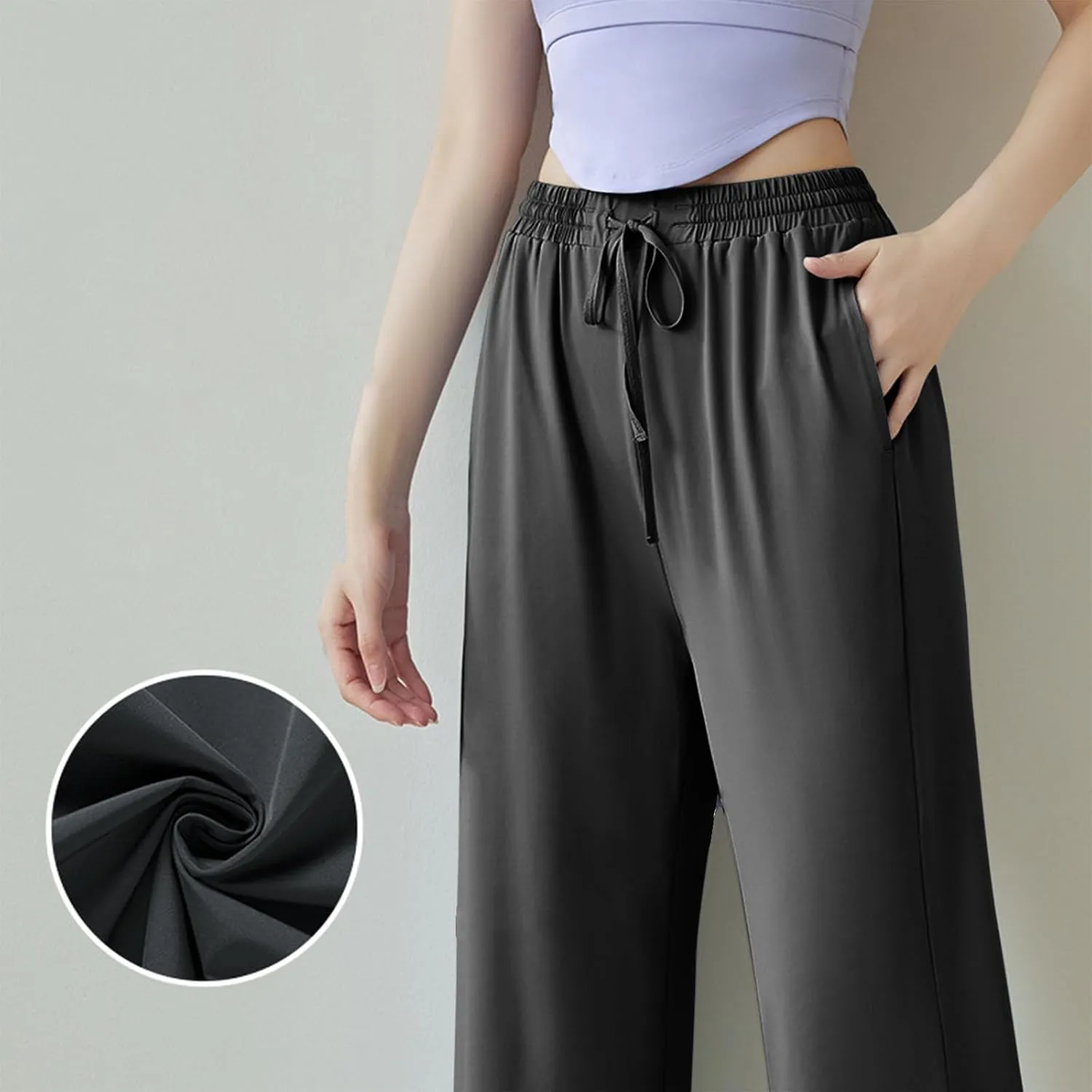 HGps8w Women's Summer Thin Split Front Palazzo Pants Wide Leg Elastic High Waisted Loose Lounge Trousers with Pockets