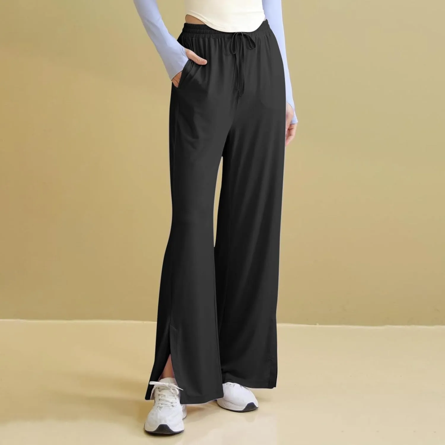 HGps8w Women's Summer Thin Split Front Palazzo Pants Wide Leg Elastic High Waisted Loose Lounge Trousers with Pockets