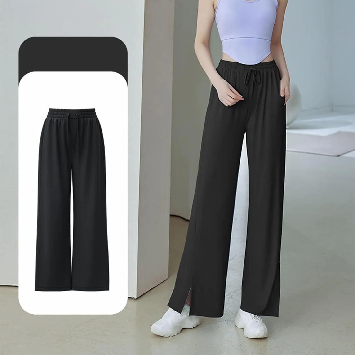 HGps8w Women's Summer Thin Split Front Palazzo Pants Wide Leg Elastic High Waisted Loose Lounge Trousers with Pockets