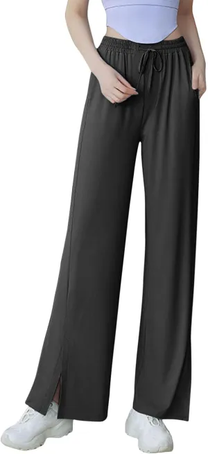 HGps8w Women's Summer Thin Split Front Palazzo Pants Wide Leg Elastic High Waisted Loose Lounge Trousers with Pockets