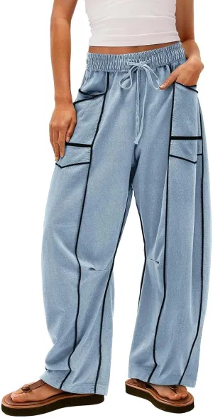 HGps8w Women's Summer Trendy Striped Loose Palazzo Pants Wide Leg Elastic Waist Sweatpants Lounge Trousers with Pockets