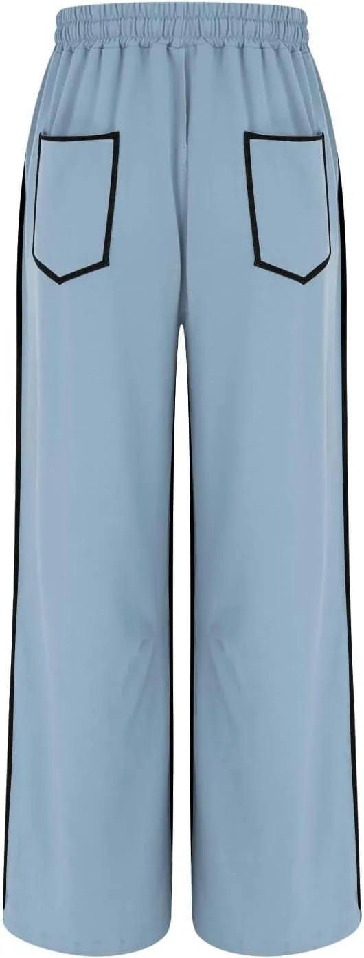 HGps8w Women's Summer Trendy Striped Loose Palazzo Pants Wide Leg Elastic Waist Sweatpants Lounge Trousers with Pockets