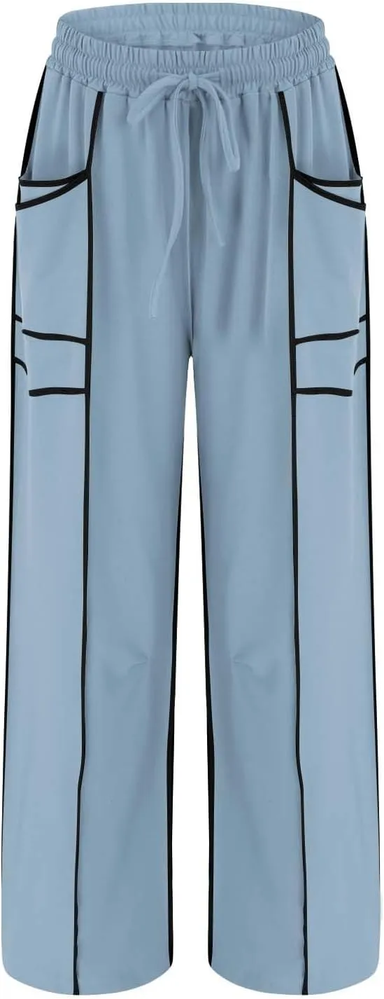HGps8w Women's Summer Trendy Striped Loose Palazzo Pants Wide Leg Elastic Waist Sweatpants Lounge Trousers with Pockets