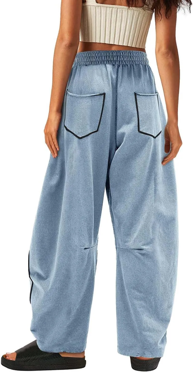 HGps8w Women's Summer Trendy Striped Loose Palazzo Pants Wide Leg Elastic Waist Sweatpants Lounge Trousers with Pockets