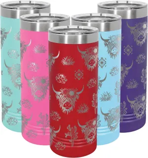 Highland Cow-Cactus Design 22 oz Skinny Tumbler with Slider Lid and Straw, Engraved Insulated Stainless Steel Cup with Wrap Around Design, Unique Gift for Christmas, Birthday, Mother's Day