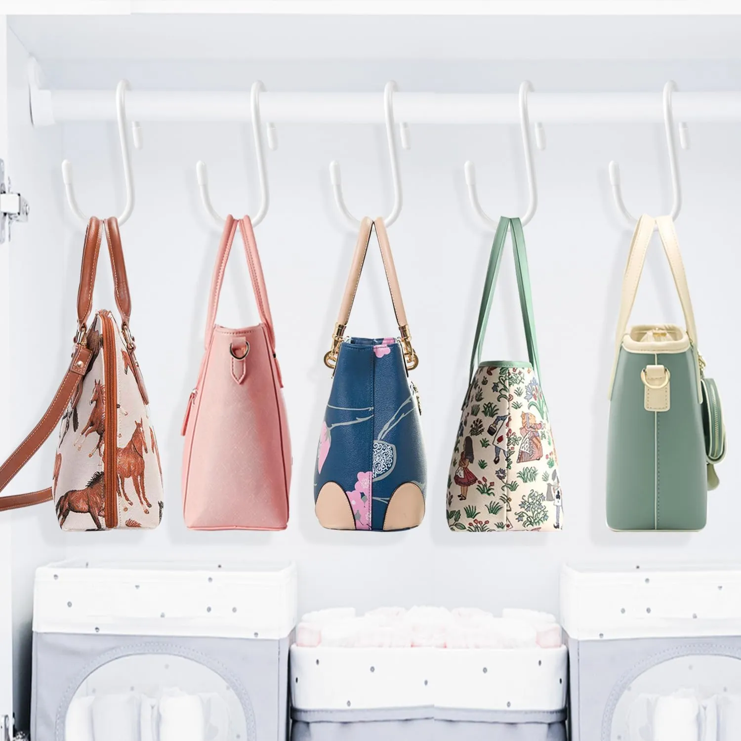 HiGift 16 Pack Bag Hooks for Closet, Unique Twist Design White Vinyl Coated Purse Hanger Organizer Hooks, Large Closet Hooks Purse Organizer Holder for Hanging Purses,Handbag,Belt,Hat,Backpack,Jeans