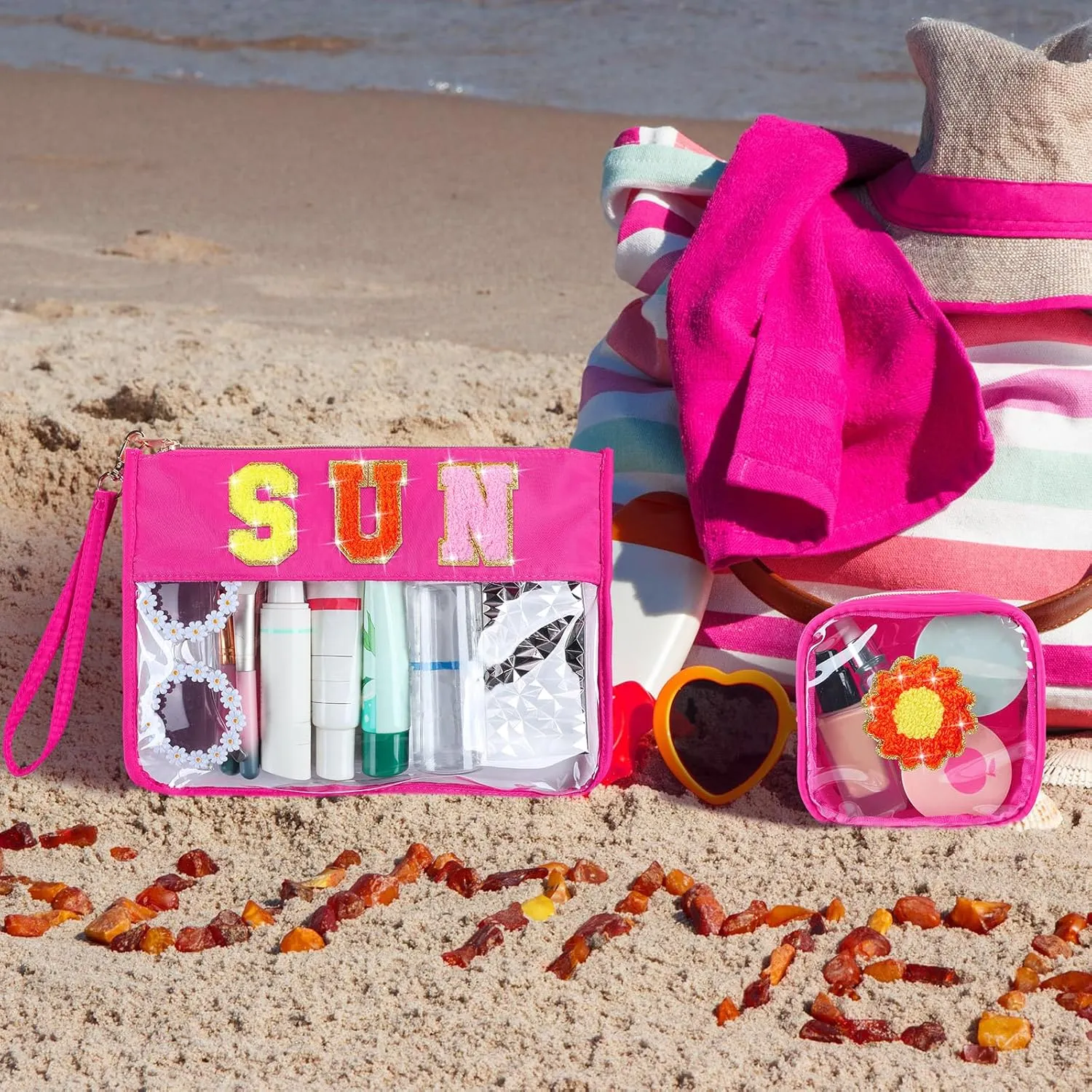 Hillban 2 Pcs Sunscreen Chenille Letter Bags Makeup Cosmetic Bag Waterproof Sun Travel Pouch Beach Pool Things Summer Stuff Preppy Patch Traveling Accessories for Women (Sun Theme)