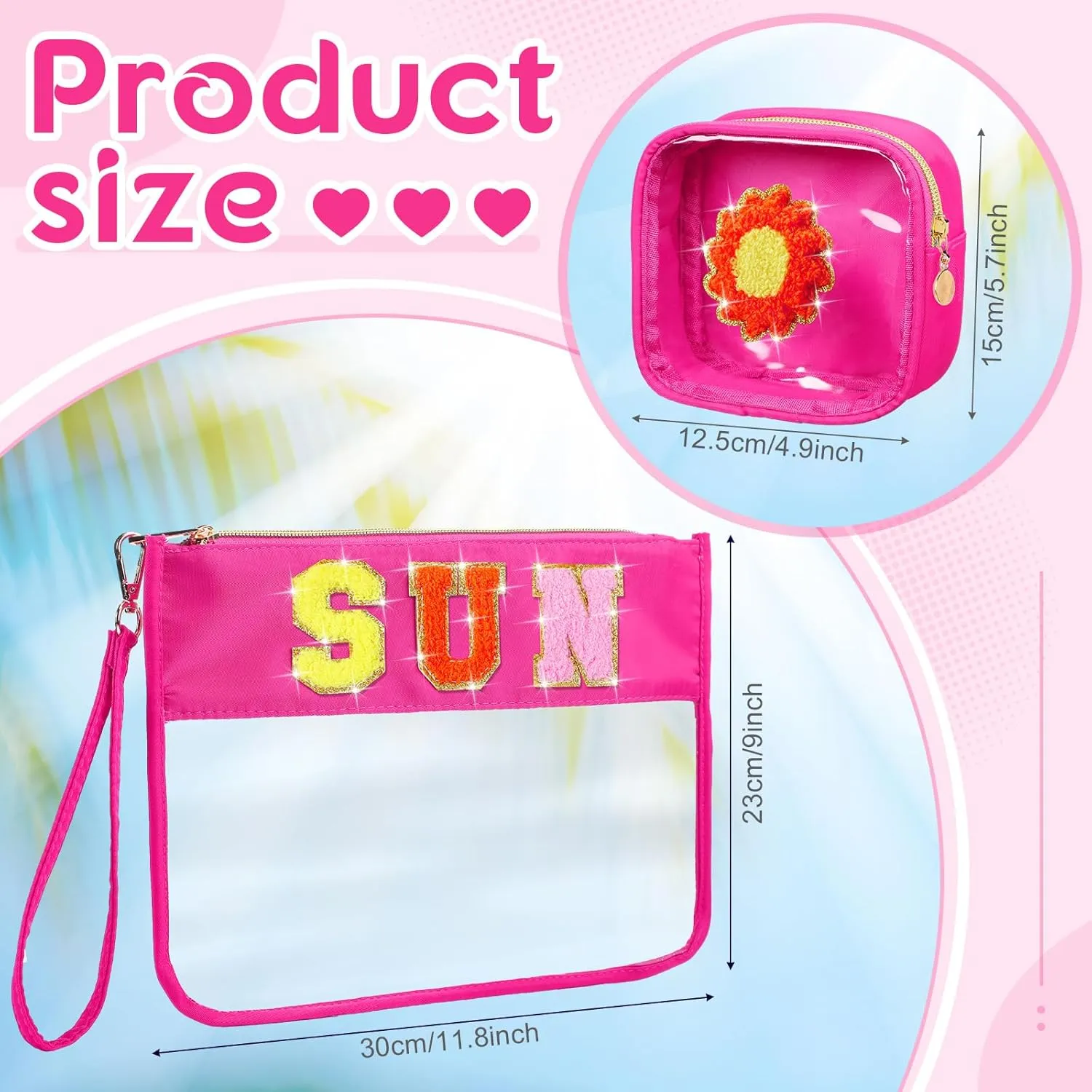 Hillban 2 Pcs Sunscreen Chenille Letter Bags Makeup Cosmetic Bag Waterproof Sun Travel Pouch Beach Pool Things Summer Stuff Preppy Patch Traveling Accessories for Women (Sun Theme)