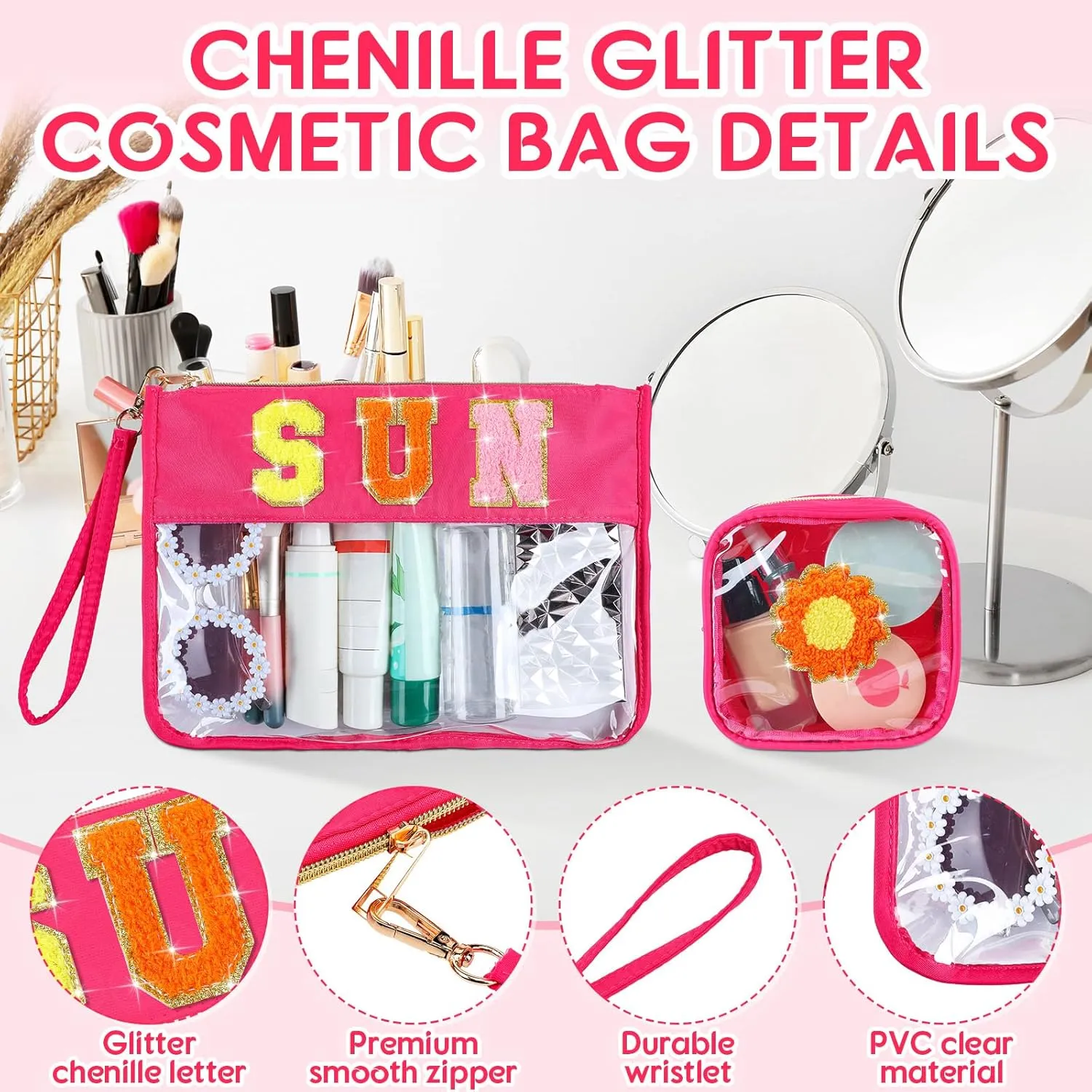 Hillban 2 Pcs Sunscreen Chenille Letter Bags Makeup Cosmetic Bag Waterproof Sun Travel Pouch Beach Pool Things Summer Stuff Preppy Patch Traveling Accessories for Women (Sun Theme)