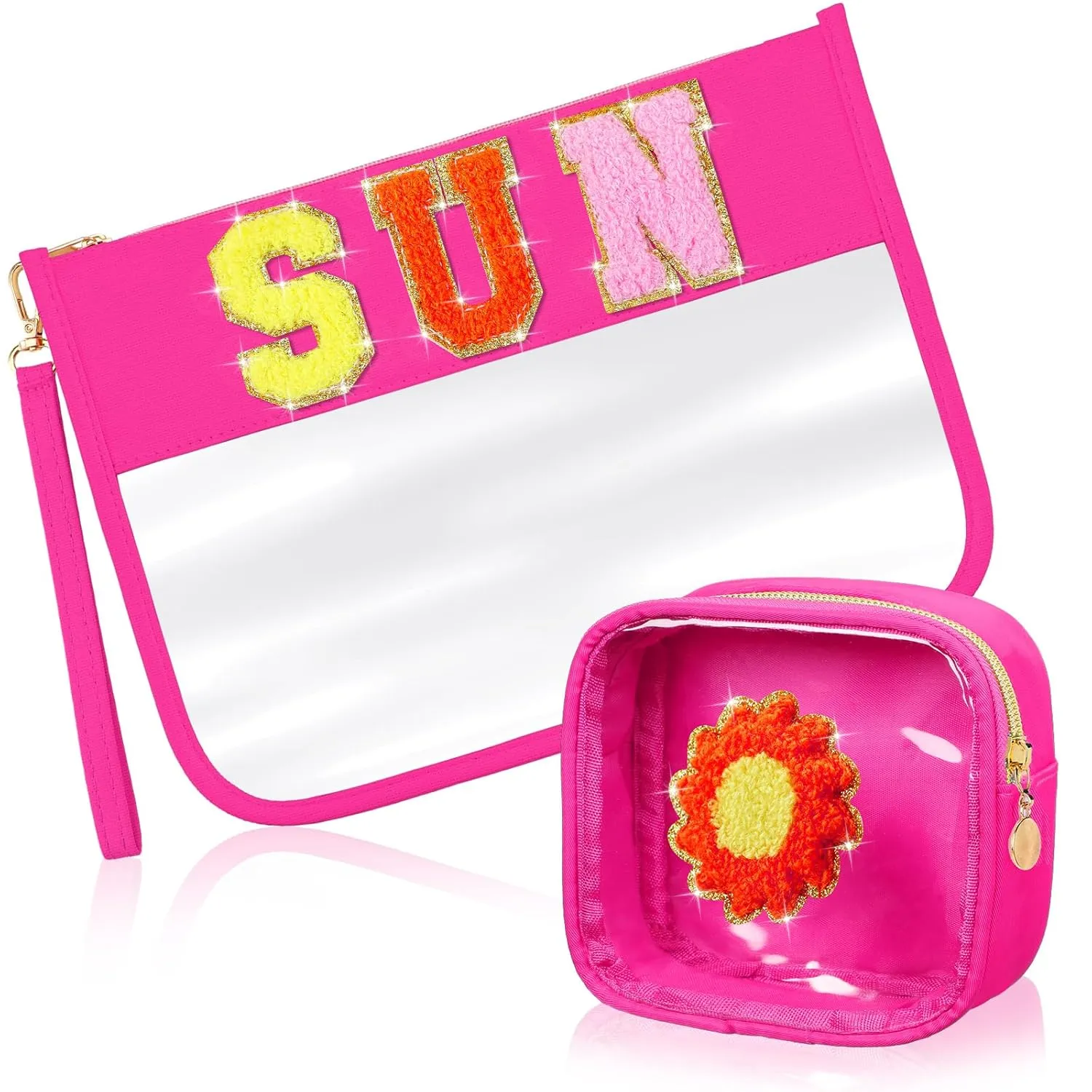 Hillban 2 Pcs Sunscreen Chenille Letter Bags Makeup Cosmetic Bag Waterproof Sun Travel Pouch Beach Pool Things Summer Stuff Preppy Patch Traveling Accessories for Women (Sun Theme)