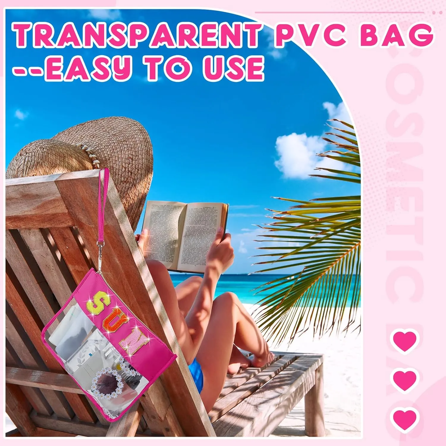 Hillban 2 Pcs Sunscreen Chenille Letter Bags Makeup Cosmetic Bag Waterproof Sun Travel Pouch Beach Pool Things Summer Stuff Preppy Patch Traveling Accessories for Women (Sun Theme)