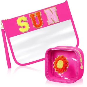 Hillban 2 Pcs Sunscreen Chenille Letter Bags Makeup Cosmetic Bag Waterproof Sun Travel Pouch Beach Pool Things Summer Stuff Preppy Patch Traveling Accessories for Women (Sun Theme)