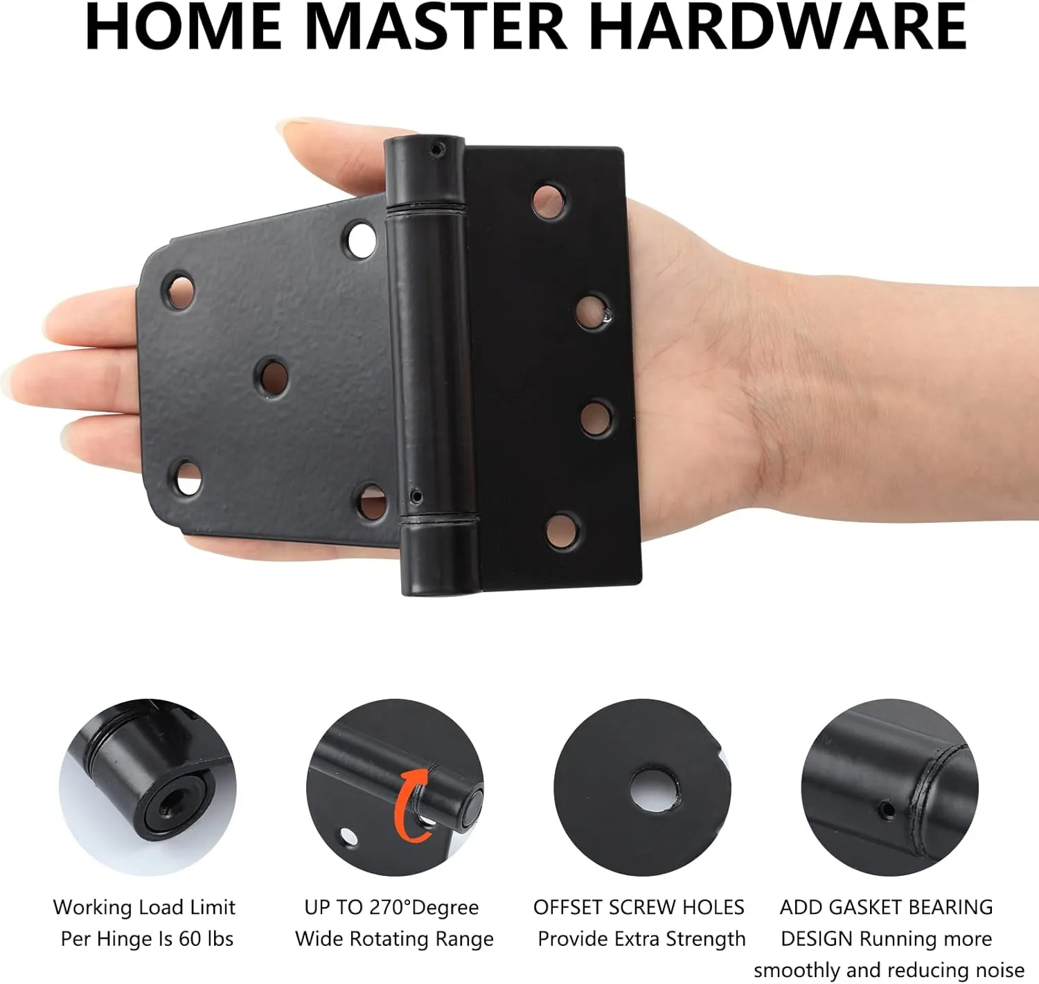 HOME MASTER HARDWARE Self-Closing Spring Gate Hinge 3-1/2" Heavy Duty Automatic T Hinges Steel Black Finish with Screws 2-Pack for Wood Fence Gate Vinyl Shed Door