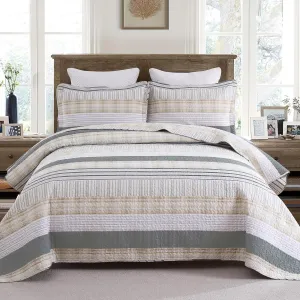 Homzard Quilt King Size - Cotton King Size Comforter,Beige Grey Plaid Bedding Set,Striped Bedspread Set(106 * 98 Inches),3 Piece