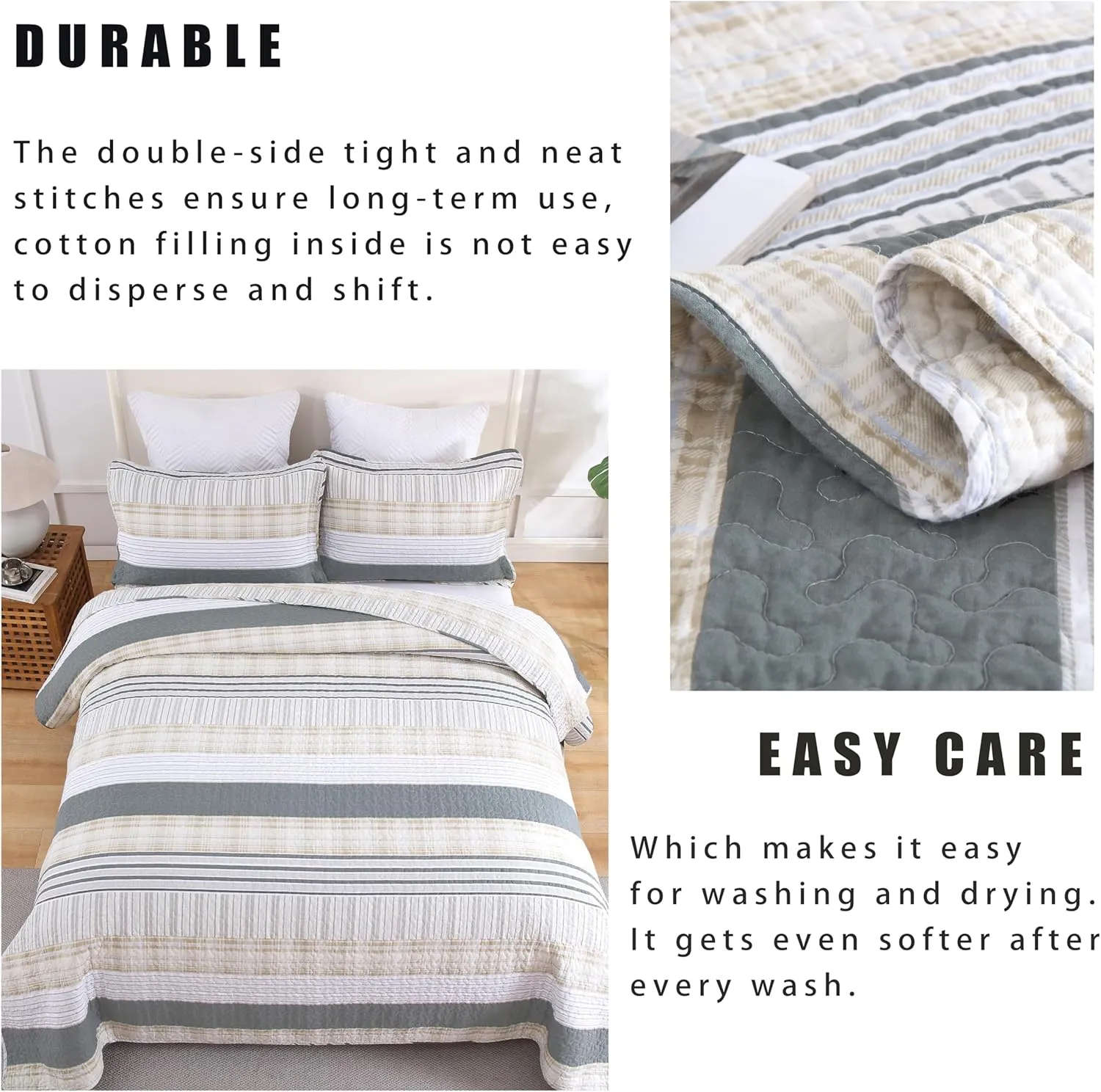 Homzard Quilt King Size - Cotton King Size Comforter,Beige Grey Plaid Bedding Set,Striped Bedspread Set(106 * 98 Inches),3 Piece